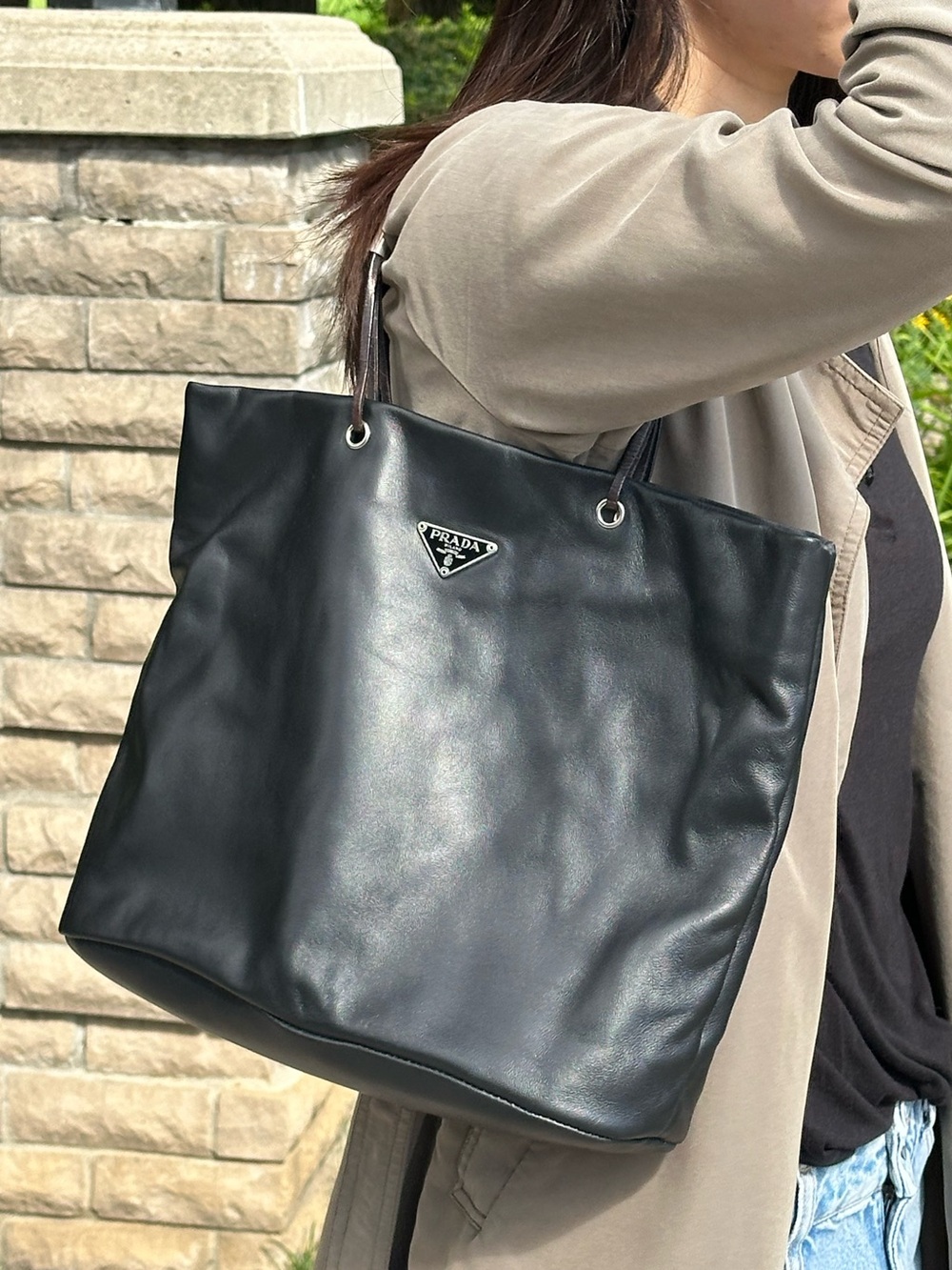 PRADA Rare Black Lambskin Tote Bag Silver Handles